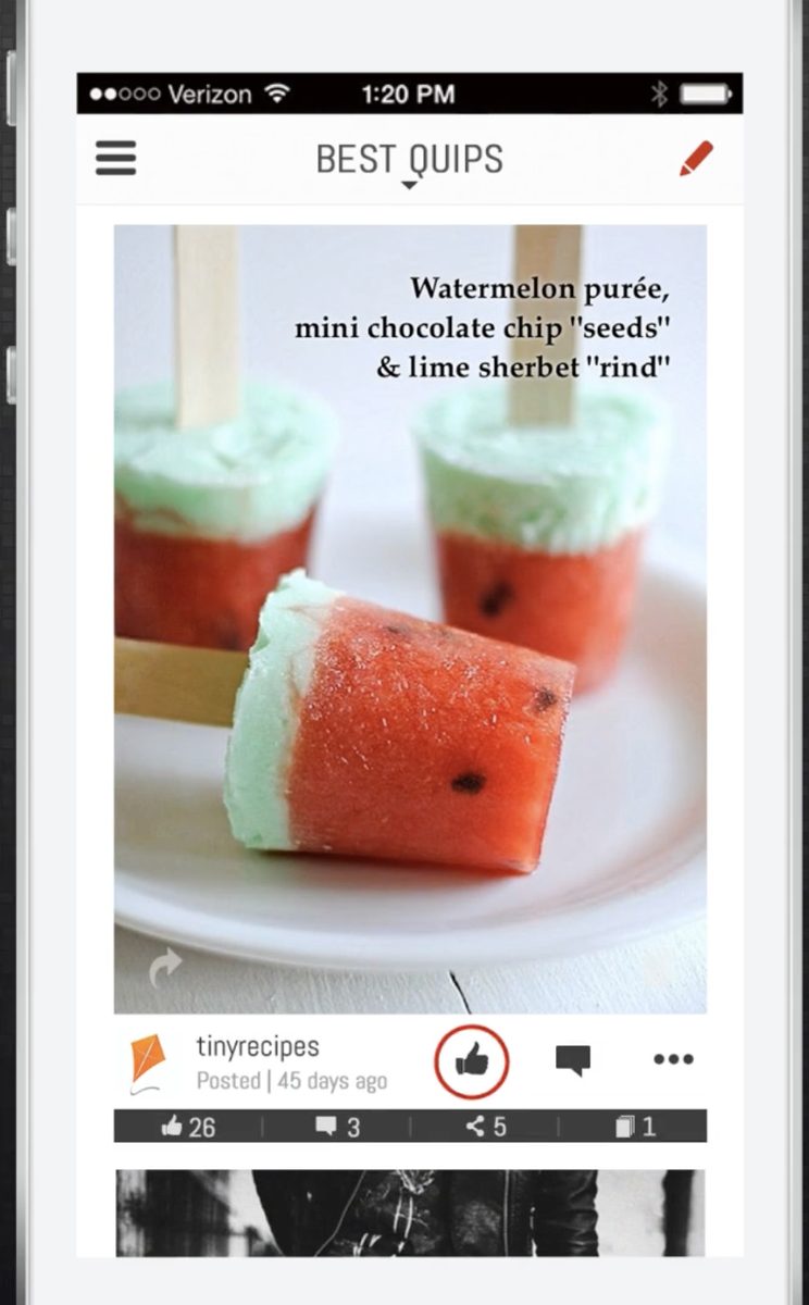 A finished quip card in the feed with like, comment, share and collect counts