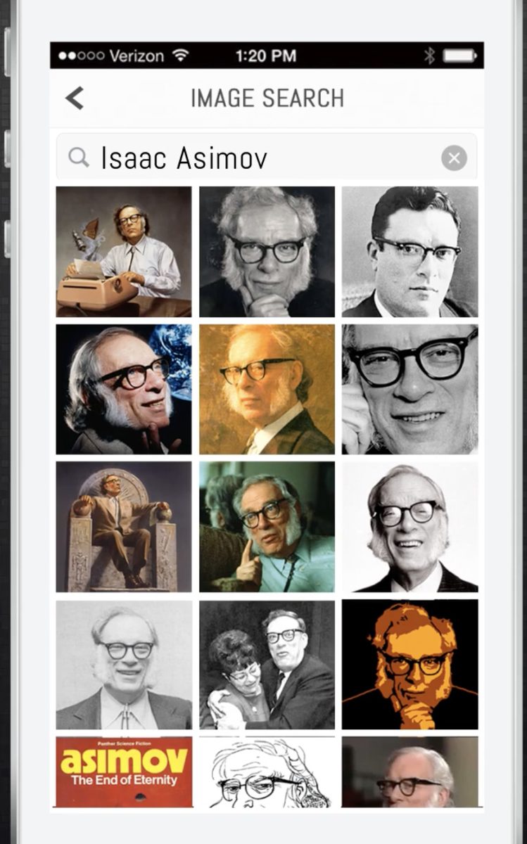 Built-in image search showing a grid of Isaac Asimov portraits