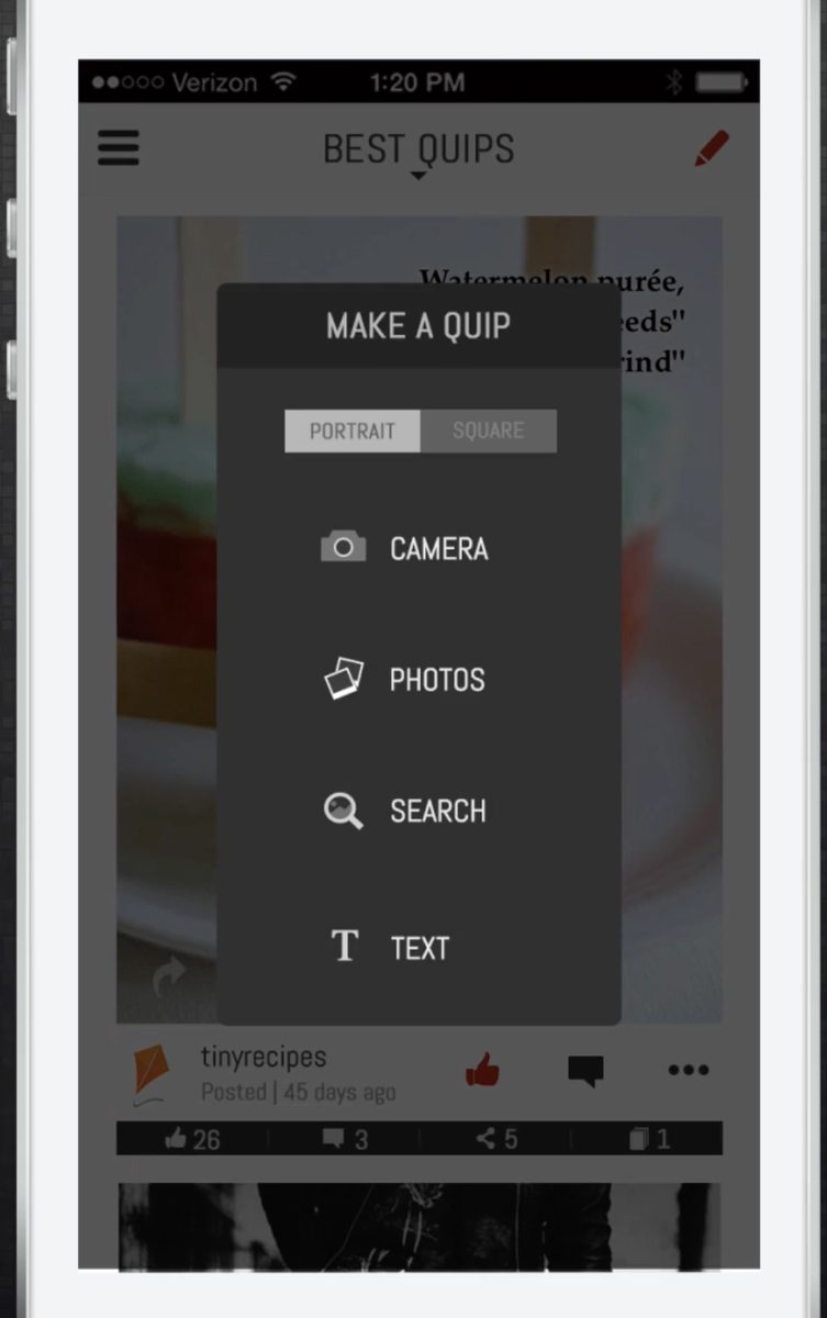The Make a Quip menu: portrait or square, from camera, photos, search, or text