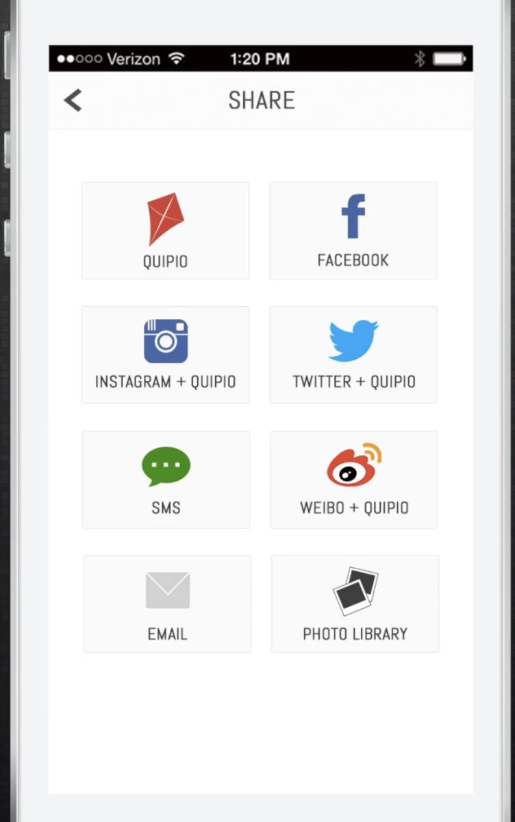 The Share screen: Quipio, Facebook, Instagram, Twitter, SMS, Weibo, email, photo library