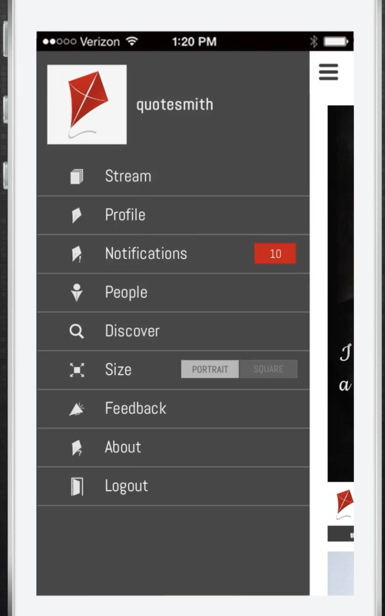 The side menu: stream, profile, notifications, people, discover, size, feedback