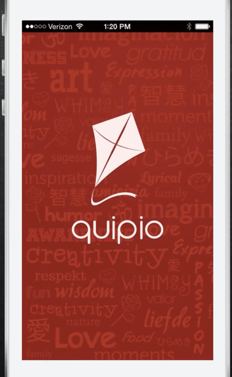 The Quipio splash screen: the kite over a wall of words — love, art, creativity, wisdom — in many languages