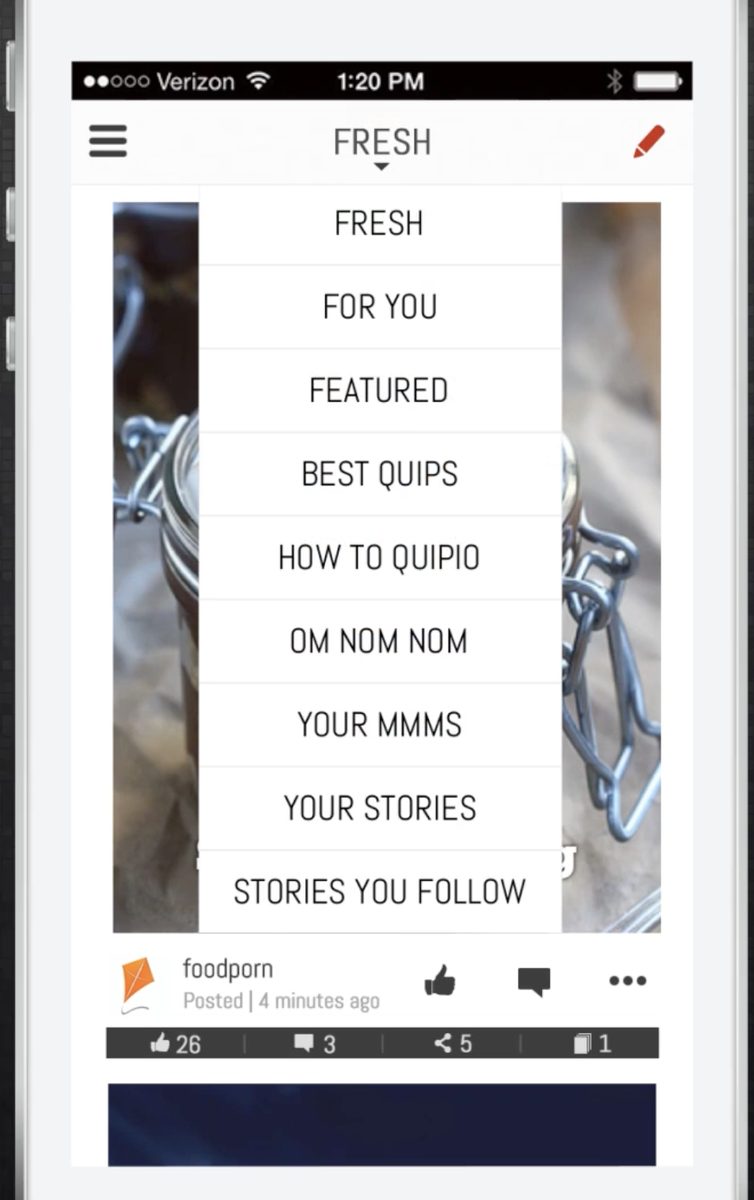 The stream picker: Fresh, For You, Featured, Best Quips, How to Quipio, Om Nom Nom, Your Mmms, Your Stories