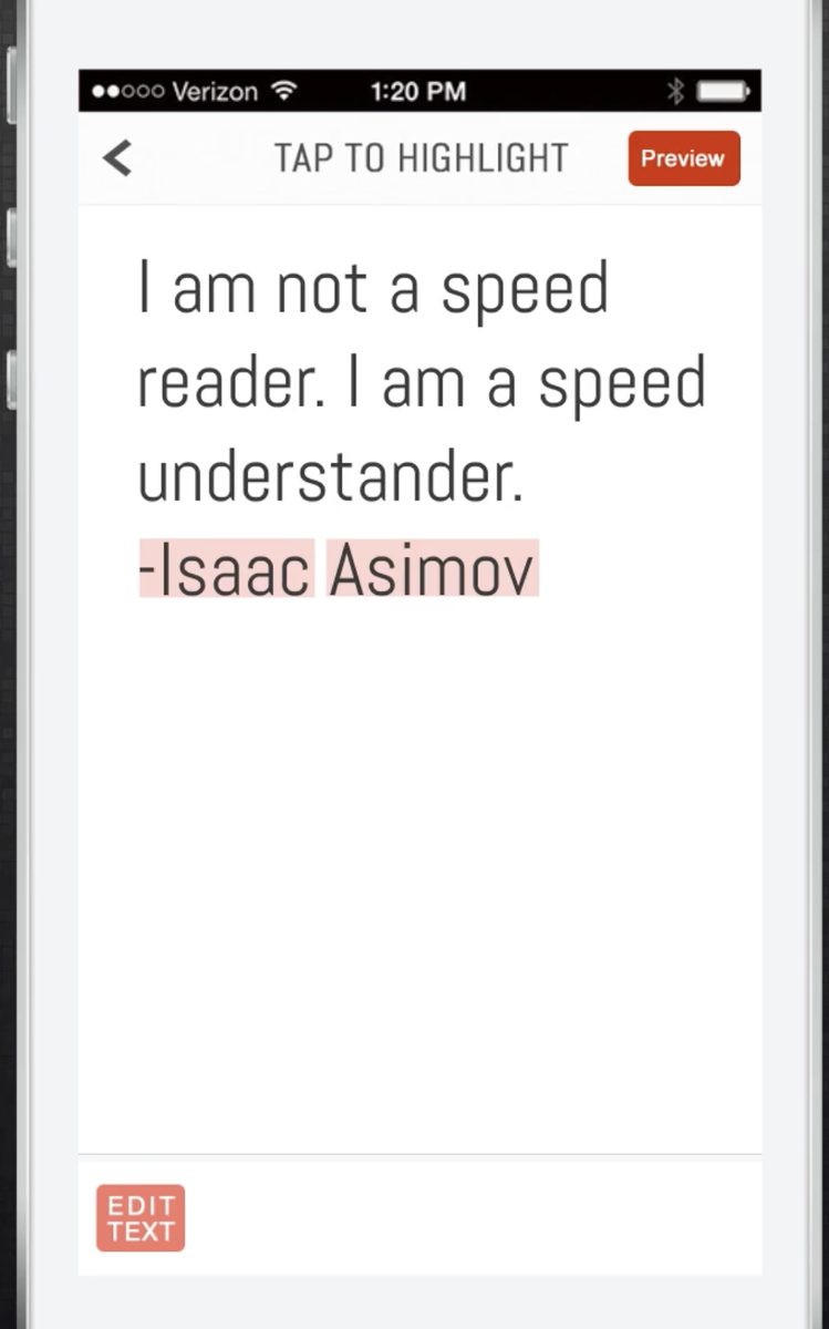 The Tap to Highlight screen with the words Isaac Asimov selected