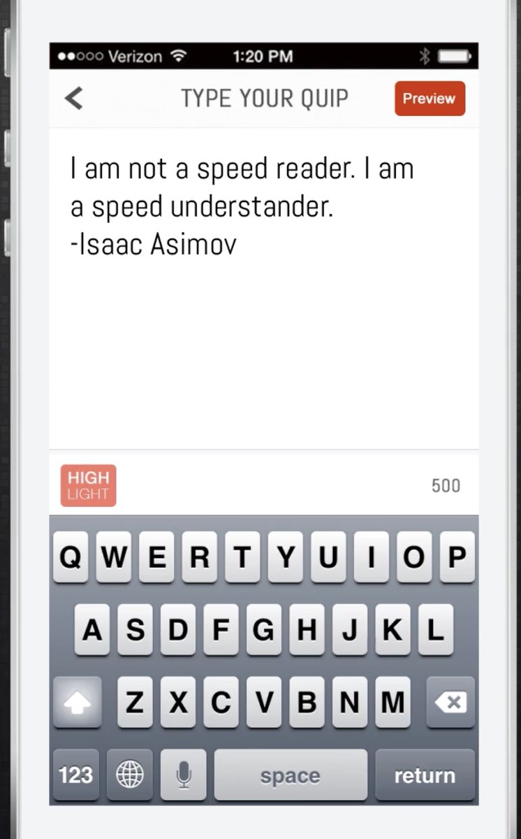 Typing a quip: an Isaac Asimov quote on the Type Your Quip screen